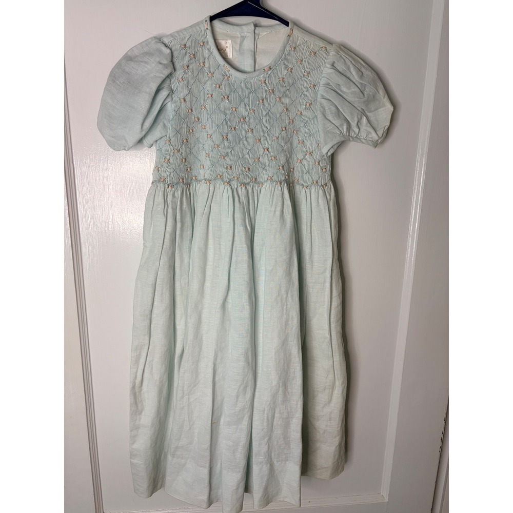 Strasburg Children Blue Smocked Linen Cotton Heirloom Dress Girls 5Y Puff Sleeve